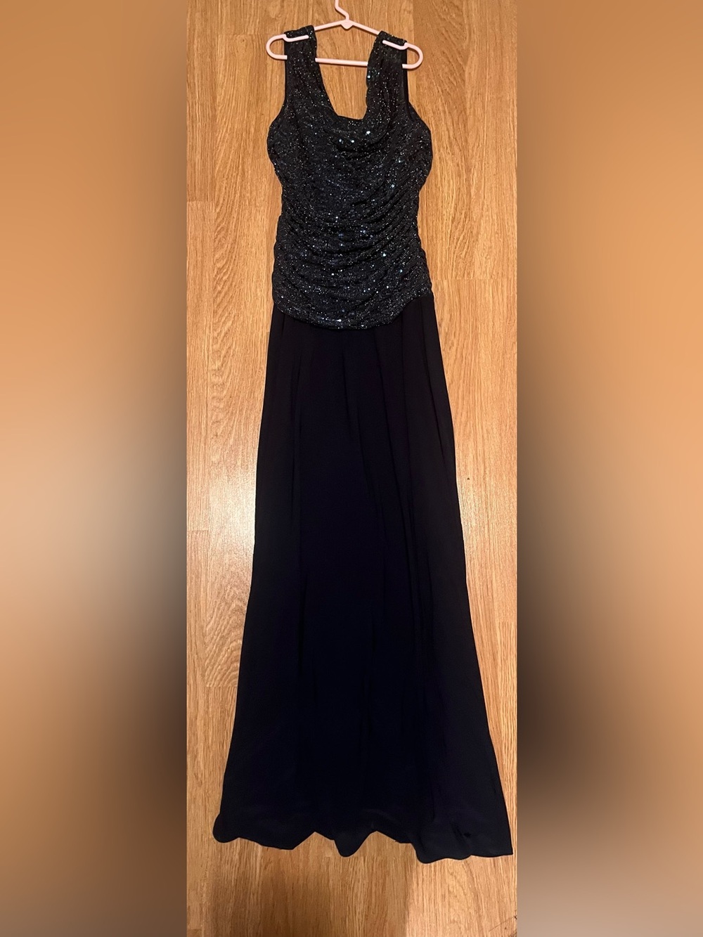 R&M Richards Black Sequin Draped Maxi Gown